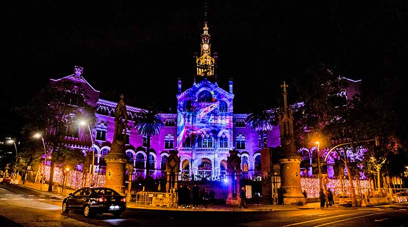 Christmas lights in Sant Pau facade in Barcelona